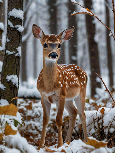 Snowy Serenity: A Spotted Fawn in a Winter Wonderland