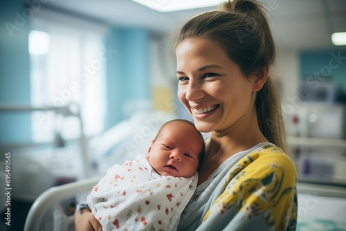 A young woman holding a newborn baby in her arms in a hospital room. Happy motherhood and love. Generative AI