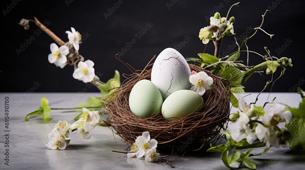 Three eggs in a nest with flowers on a table. Easter decorations with eggs in a nest.
