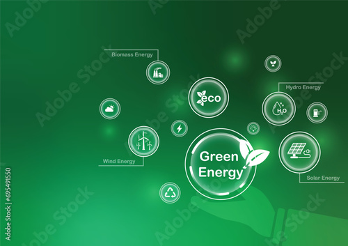 Green Energy Ecology and Eco. Sustainable business Eco Friendly, Alternative Clean Energy, Healthy Lifestyle. Icon set. Save the world concept. Vector illustrator.