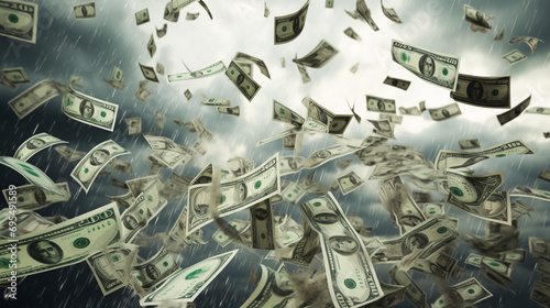 Hundred dollar bills raining from the sky photo