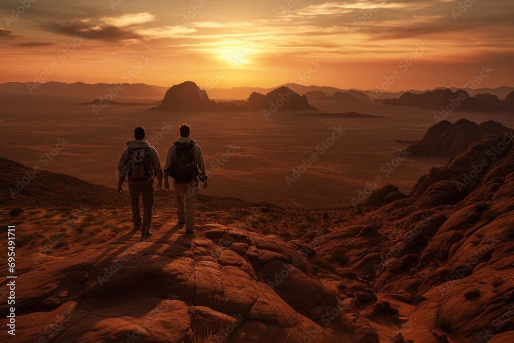  a couple of people that are standing on some rocks in the dirt with a sunset in the background and a mountain range in the foreground with rocks in the foreground.