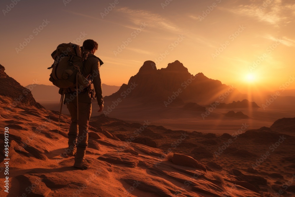  a man with a backpack standing on top of a sandy hill at sunset or sunrise or sunset in the distance, with mountains in the distance, and the sun in the distance.