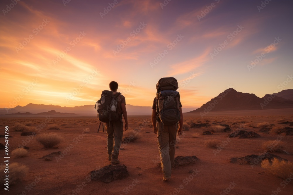  a couple of people with backpacks walking across a dirt field with a mountain in the background and a sunset in the sky in the middle of the middle of the desert.
