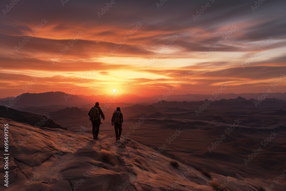  a couple of people standing on top of a mountain under a sky with a sun setting in the middle of the sky and mountains in the middle of the distance.