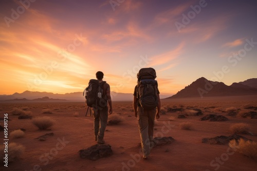  a couple of people with backpacks walking across a dirt field with a mountain in the background and a sunset in the sky in the middle of the middle of the desert.