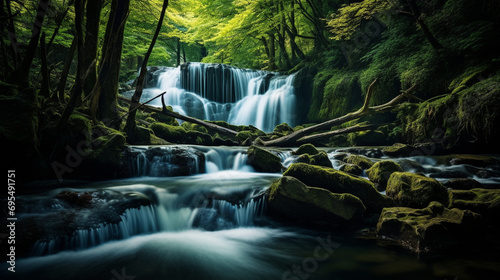 Long-exposure waterfall, dynamic range, motion-rich water, leafy forest, dramatic juxtaposition photo