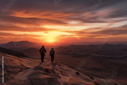  a couple of people standing on top of a mountain under a sky with a sun setting in the middle of the sky and mountains in the middle of the distance.