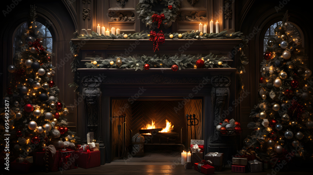 fireplace with christmas decorations Generative AI	