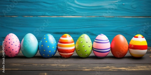 A row of painted easter eggs on a wooden table. Easter decorations, panoramic banner, header or footer.