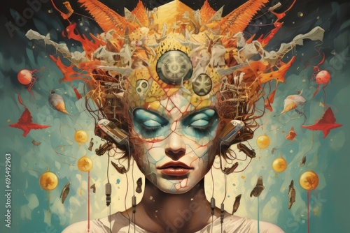 Close up woman with surreal abstracts. Psychedelic and ketamine therapy. photo