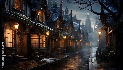 Old town street in the fog at night, panoramic view © Iman