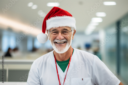 Experienced medic doctor working in new year night christmas eve decorated hospital Generative AI