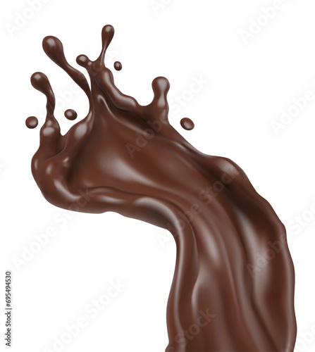 Chocolate fluid splash crown flow with bubbles and drops isolated on white background. Melted hot chocolate drink for sweet choco food packaging design. Realistic. Vector illustration.