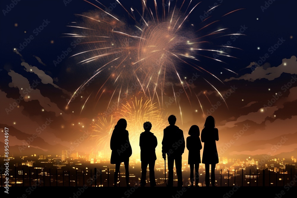 Silhouette of a man and woman sitting on the grass and watching fireworks