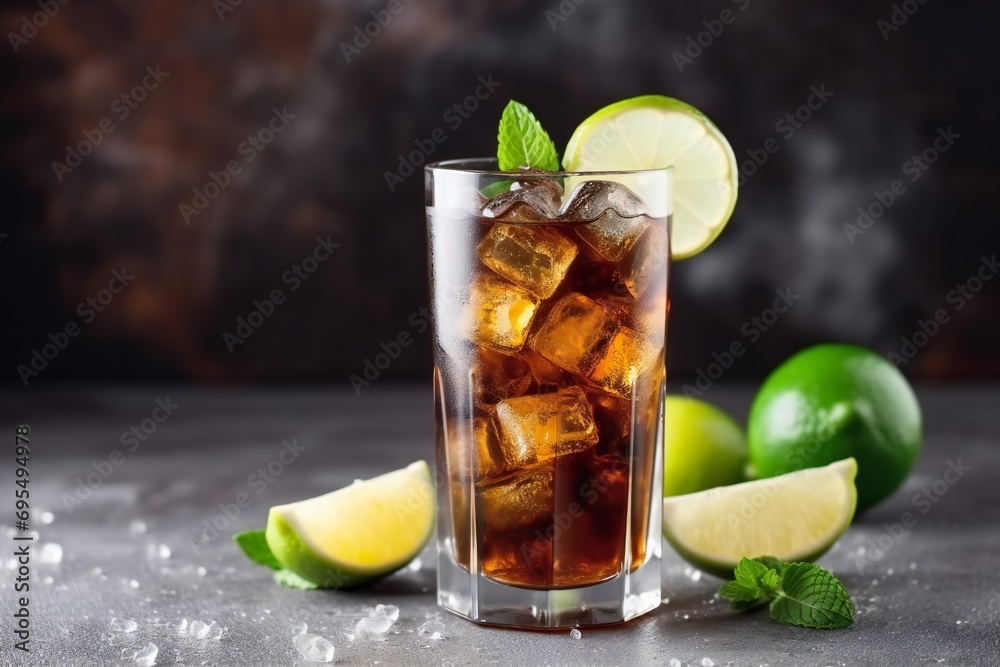 Cuba Libre alcoholic cocktail. Cuba Libre in a glass with brown rum, cola, mint and lemon - obrazy, fototapety, plakaty 