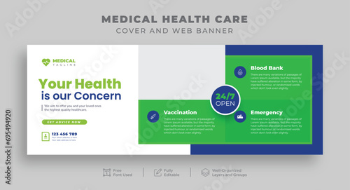 Medical Health Care Facebook cover for Hospital Clinic Dental Doctor and Pharmacy  Editable horizontal Social media posts ads for Medical Care  advertisement promotional  website cover banner template