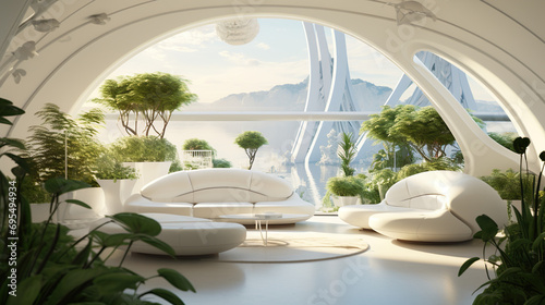 Futuristisches Wohnzimmerdesign mit Blick auf eine Utopische Landschaft © Claudia