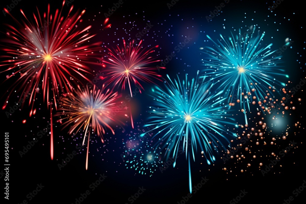 Colorful fireworks of various colors over night sky with clouds, celebration background