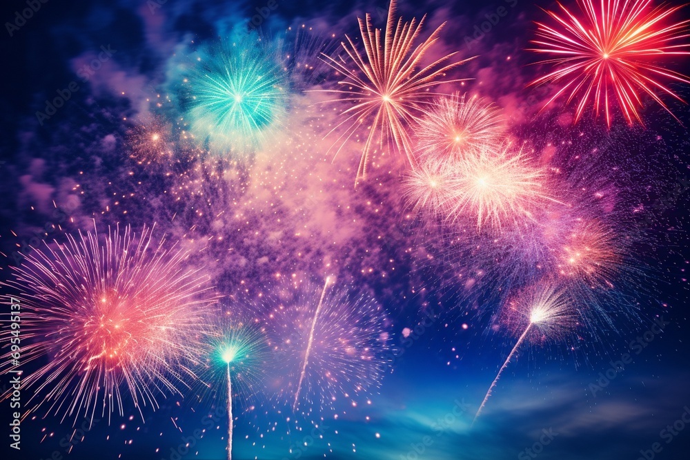 Colorful fireworks on the night sky background. Celebration and holiday concept.