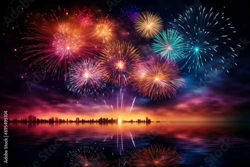 Colorful fireworks of various colors over night sky with clouds, celebration background