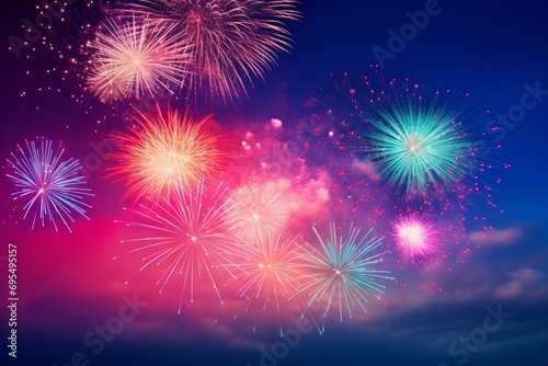 Colorful fireworks on the night sky background. Celebration and holiday concept.