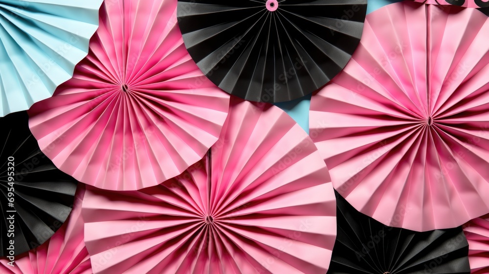 A bunch of pink and black paper fans. Birthday celebration or anniversary festive background.
