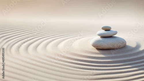 Two rocks stacked on top of each other in the sand. Zen pyramid  stack of pebbles on sand with wind patterns  calm neutral background.