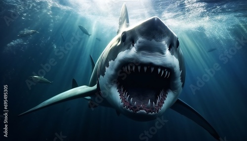 shark in the water with its mouth open with teeth. Angry shark swimming on blue ocean waters. photo