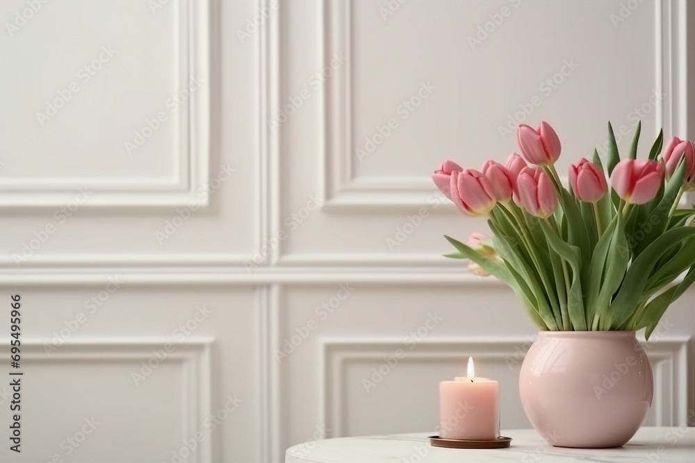 Beautiful tulips and burning candle on white table indoors, space for text. Interior design. generative ai.