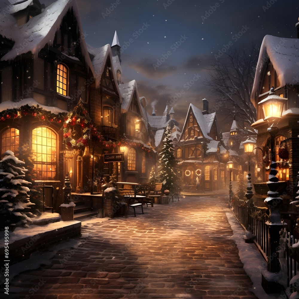 Winter night in the village. Christmas and New Year holidays concept. 3D illustration