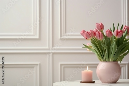 Beautiful tulips and burning candle on white table indoors  space for text. Interior design. generative ai.