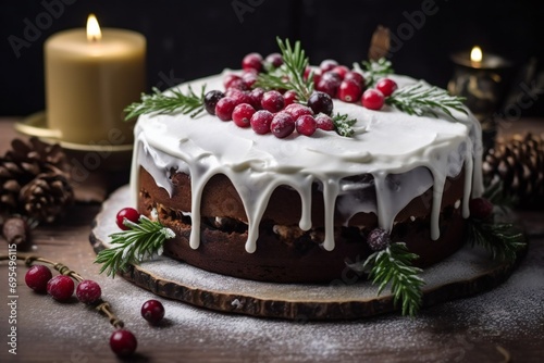 Traditional Christmas cake decorated with frosting and cranberries and fir trees