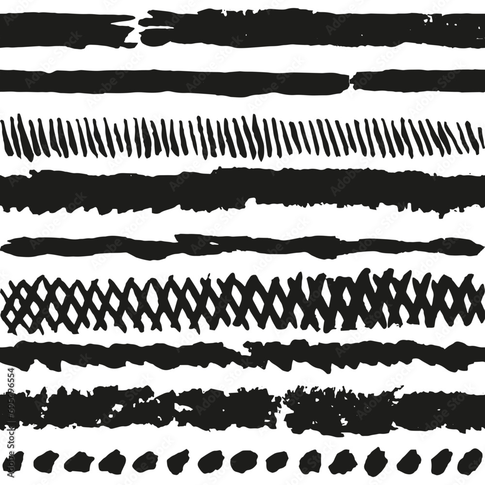Hand-drawn rough seamless repeating monochrome pattern of ragged lines, stripes, dots and hatching grid. Black striped vector texture isolated on transparent background