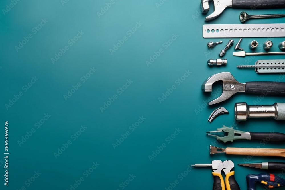 hand tools or general work tools placed on blue background. set of repair tools. copy space - obrazy, fototapety, plakaty 