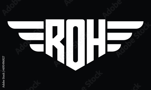 ROH three letter logo, creative wings shape logo design vector template. letter mark, wordmark, monogram symbol on black & white.	