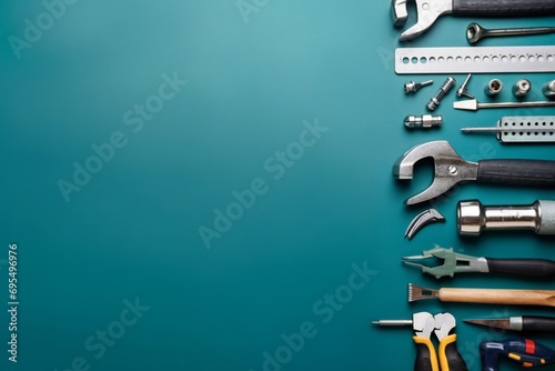 hand tools or general work tools placed on blue background. set of repair tools. copy space