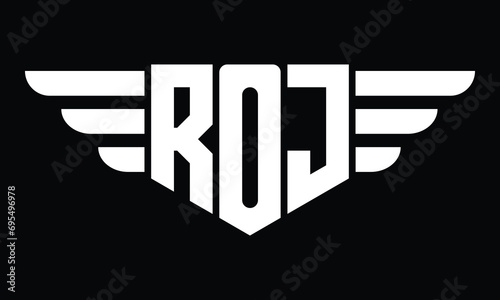 ROJ three letter logo, creative wings shape logo design vector template. letter mark, wordmark, monogram symbol on black & white.	