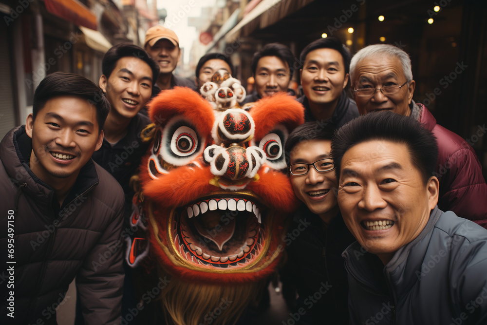 Chinese Family Celebrating the Chinese Lunar New Year 2024, Year of the Wooden Dragon with Traditional Merriment - obrazy, fototapety, plakaty 