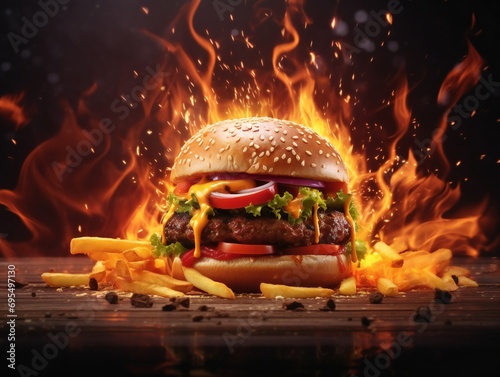 Delicious spicy fried chicken burger ads with burning fire on dark background. photo