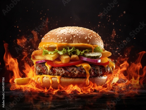 Delicious spicy fried chicken burger ads with burning fire on dark background.