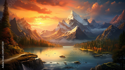 Majestic mountains bathed in the warm glow of the setting sun  creating a beautiful natural landscape in the summer  captured in stunning high definition.