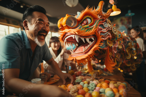 Chinese Family Celebrating the Chinese Lunar New Year 2024, Year of the Wooden Dragon with Joyous Festivities and Prosperous Traditions photo