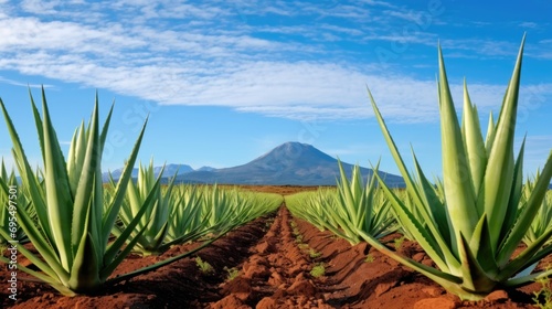 A field of green plants with a mountain in the background. Aloe vera agricultural field.