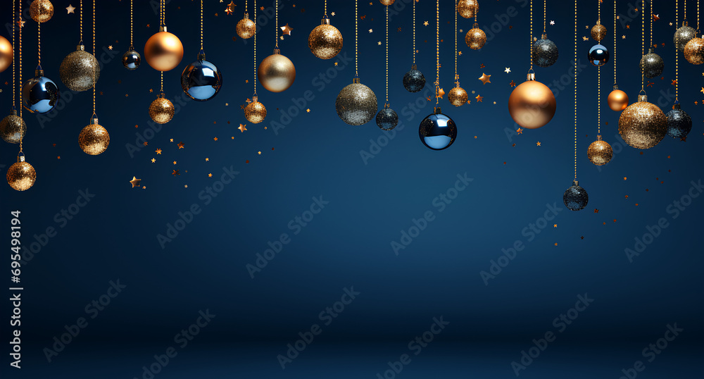 Obraz premium Christmas and New Year blue background with golden stars and christmas balls.