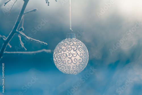 Christmas ball on tree outdoors, creative photo, new year, christmas