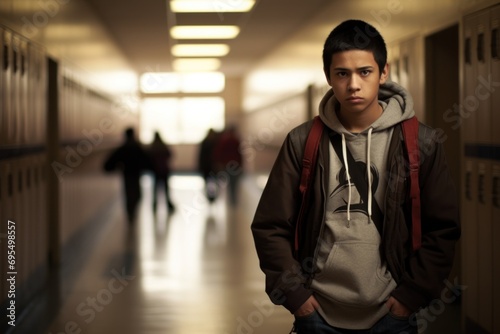 Young teen boy sad lonely face at a school