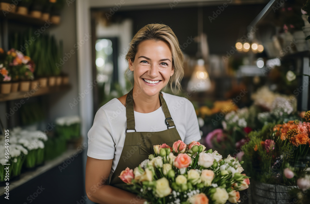 Smiling flower shop worker in business portrait stock photography