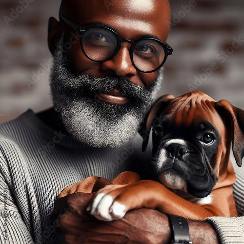 Portrait of a Friendly Smiling Happy Mature Bald Black Man with Gray Beard & Black Glasses. The Owner Affectionately Holding his Beloved Pet Cute Brown German Boxer Breed Puppy Dog Animal No Collar. photo