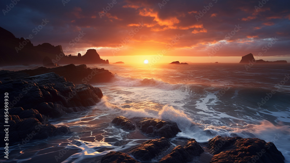 Realistic and breathtaking capture of the dawn, featuring the rhythmic movement of sea waves on a rocky, deserted beach, presenting a peaceful and serene coastal scene.